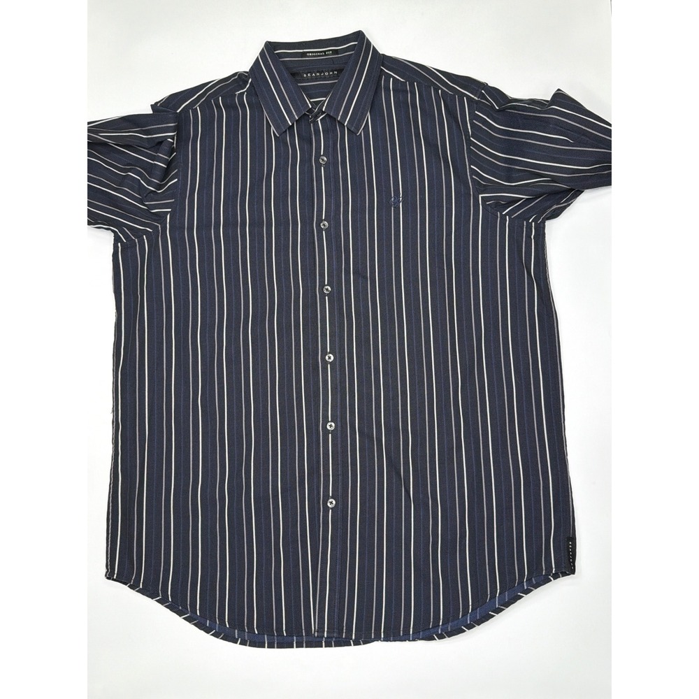 Sean John Men's Size Large Black Striped Long Sleeve‎ Button Up Casual Shirt